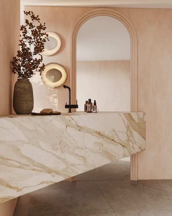 Polished 3 cm Calacatta Extreme marble slab in gray and ivory; ultra-luxury bathrooms in Pinecrest.