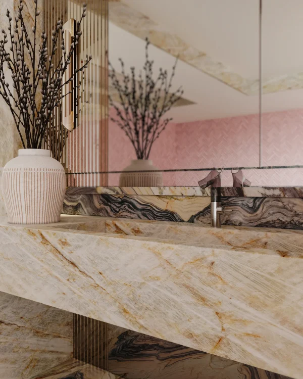 Paired Explosion Blue & Cristallo Gold quartzite slabs in white and gold tones; dramatic bathrooms in Miami.