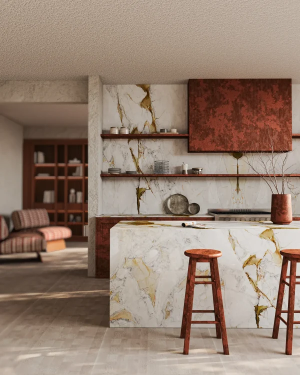 Polished 2 cm Macchia Oro marble slab with tan and gray veins; adds warmth to kitchens in Miami Beach.