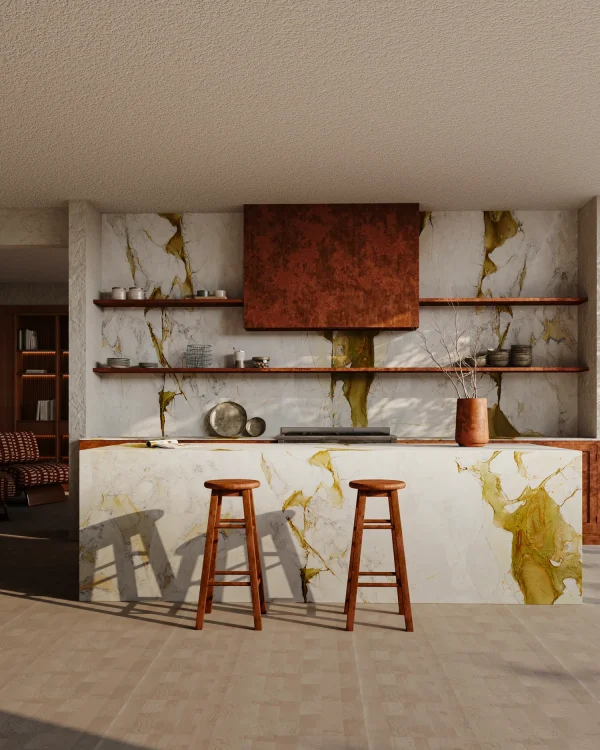Polished 2 cm Macchia Oro marble slab with tan and gray veins; adds warmth to kitchens in Miami Beach.