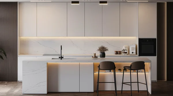 Polished 2cm Calacatta Dono quartz from Armina Signature Collection, ideal for custom kitchens in Ft. Lauderdale condos.