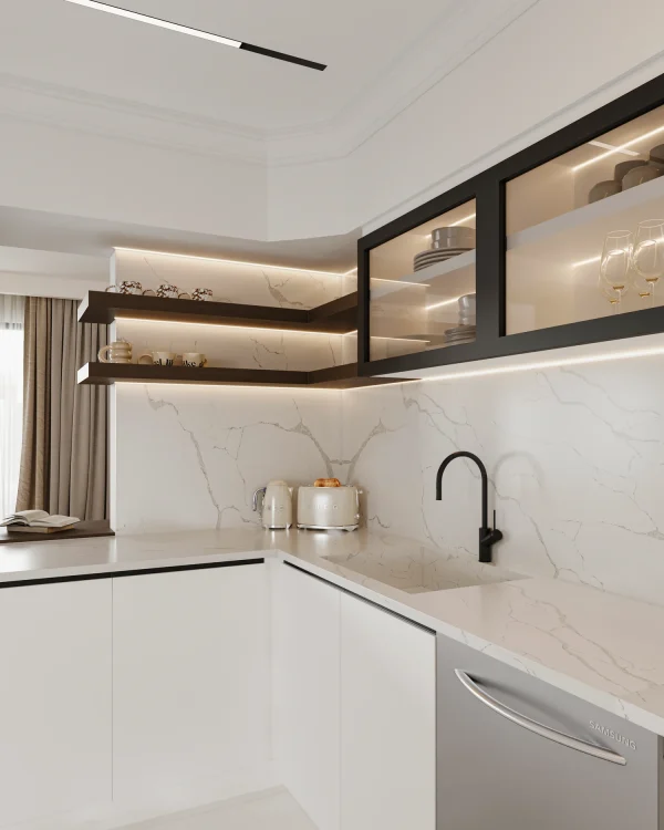 Calacatta Armina quartz from the Armina Signature Collection, polished 2cm slab for sleek Fort Lauderdale kitchens.
