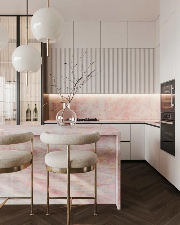 Polished 2 cm Pink Diamond quartzite slab with pink and rust tones; chic design for kitchens in Coral Springs.