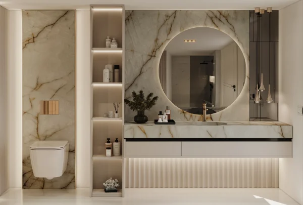 Polished 2cm Patagonia Italian granite in beige and rust tones, brings natural luxury to bathrooms in Delray Beach.