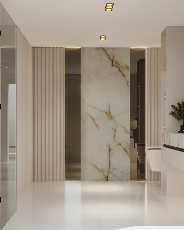 Polished 2cm Patagonia Italian granite in beige and rust tones, brings natural luxury to bathrooms in Delray Beach.