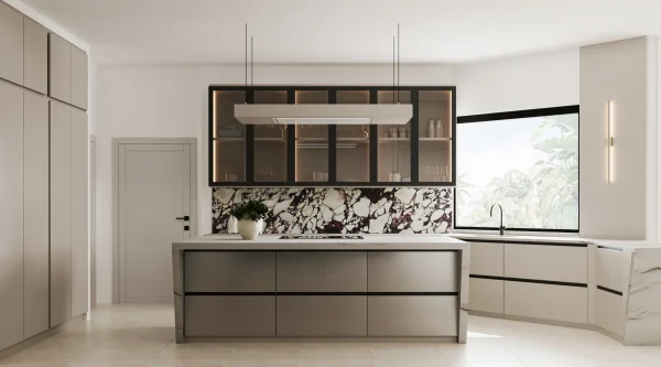 Honed 2cm Calacatta Viola marble with red, taupe, and black tones, adds character to kitchens in Aventura homes.
