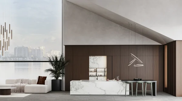 2cm honed Dover White Italian marble in beige and gray, perfect for sleek kitchens in Sunny Isles residences.