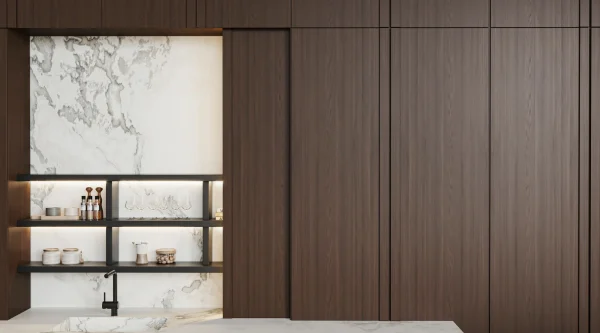 2cm honed Dover White Italian marble in beige and gray, perfect for sleek kitchens in Sunny Isles residences.