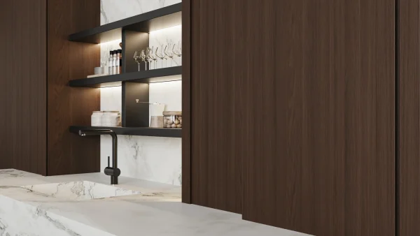 2cm honed Dover White Italian marble in beige and gray, perfect for sleek kitchens in Sunny Isles residences.
