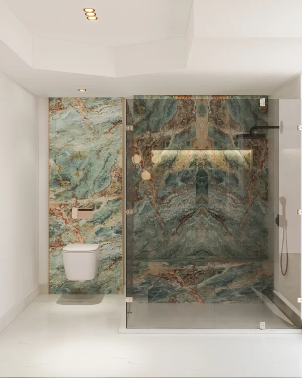 Vibrant Arabescato Orobico Red marble, polished 2cm slab with red and rust tones, ideal for Coral Gables bathrooms.