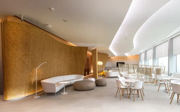 Luxury airport interior featuring Laminam Calce Grigio Italian porcelain surfaces with soft grey tones, enhancing the modern and sophisticated ambiance.