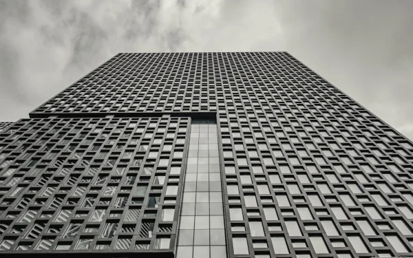 High-rise building in Korea with exterior cladding of Laminam Calce Nero Italian porcelain, providing a bold and modern facade.