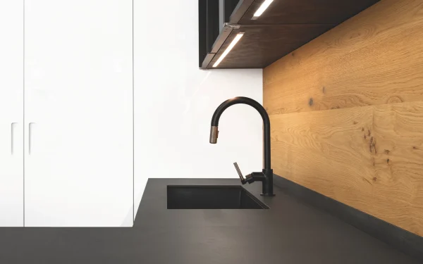 Kitchen countertops crafted from Laminam Calce Nero Italian porcelain, providing sleek black surfaces for a contemporary look.