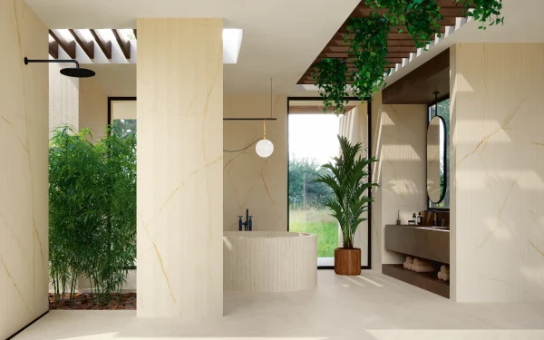 Bathroom walls adorned with Laminam Diamond Cristallo Gold Italian porcelain slabs, showcasing luminous white surfaces with delicate gold veining for an opulent finish.