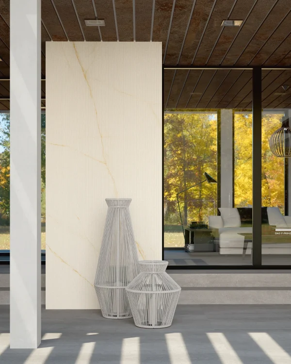 Outdoor wall cladding featuring Laminam Diamond Calacatta Black and Cristallo Gold Italian porcelain; contrasting black and white surfaces with gold veining delivering a luxurious exterior finish.