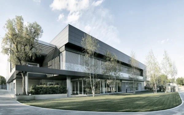Company Headquarters in Italy, showcasing a Nero Assoluto exterior cladding finish.