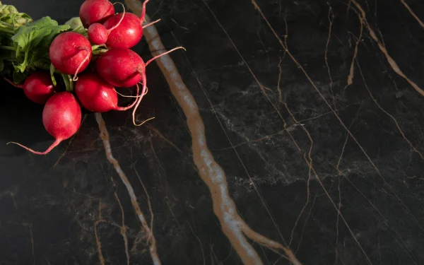 Still life featuring Laminam Noir Desir Italian porcelain; luxurious black surface with subtle white and golden veining exuding elegance.