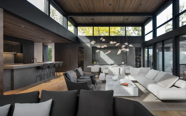 Modern kitchen design utilizing Laminam Pietra Grey Italian porcelain; sleek grey surfaces with subtle veining offering a contemporary and elegant aesthetic.