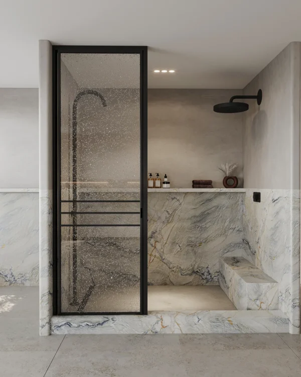 Polished 2 cm Venice quartzite slab in dark blue, green and rust; perfect for bathrooms in Miami Beach.