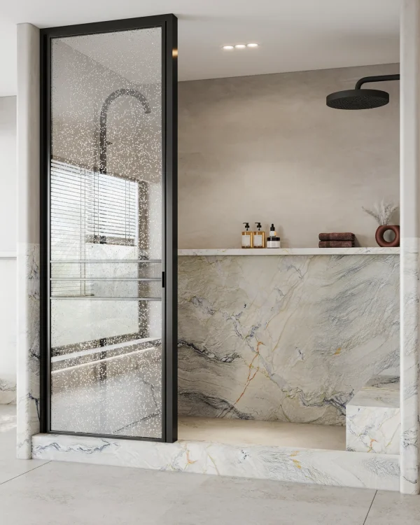 Polished 2 cm Venice quartzite slab in dark blue, green and rust; perfect for bathrooms in Miami Beach.