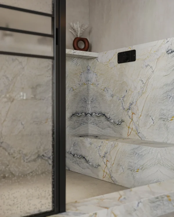 Polished 2 cm Venice quartzite slab in dark blue, green and rust; perfect for bathrooms in Miami Beach.