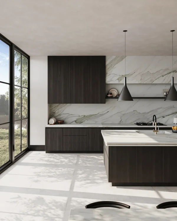 Honed 2 cm Calacatta Gold Extra marble slab in gray and rust veins; luxury kitchen surfaces in Coral Gables.