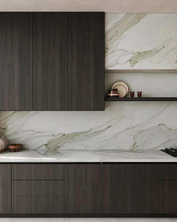 Honed 2 cm Calacatta Gold Extra marble slab in gray and rust veins; luxury kitchen surfaces in Coral Gables.
