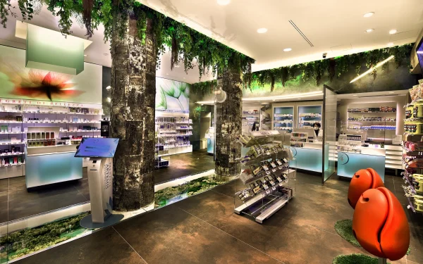 Retail pharmacy in Italy featuring Laminam Ossido Bruno Italian porcelain flooring; rich brown tones providing a warm and inviting atmosphere for customers.
