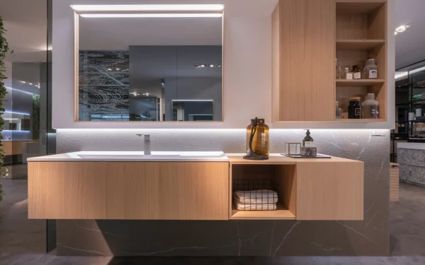 Bathroom vanity and sink crafted with Laminam Pietra Piasentina Taupe Italian porcelain, offering warm taupe hues and subtle textures for a refined look.