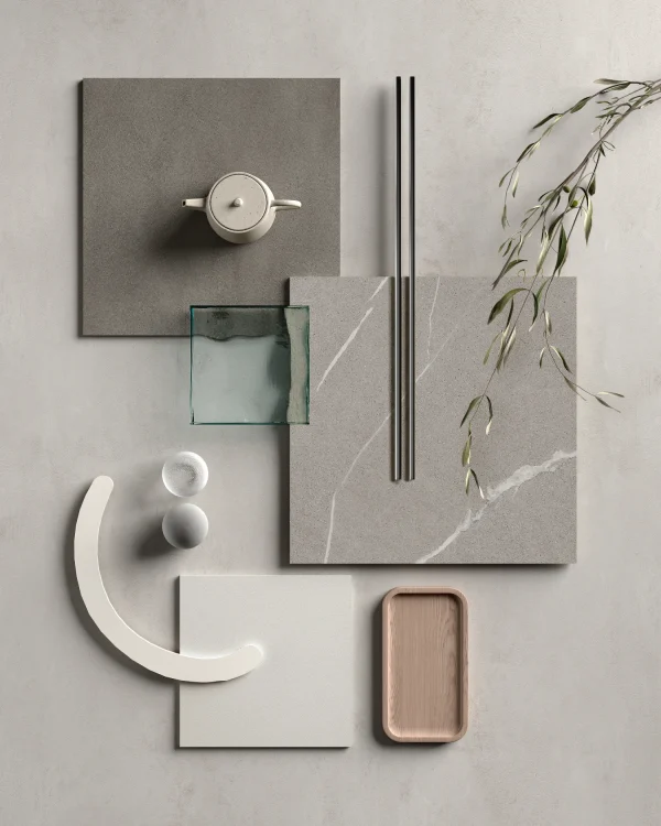 Moodboard featuring Laminam Calce Antracite and Pietra Piasentina Grigio Italian porcelain with Calce Grigio and Bianco Assoluto; ideal for modern South Florida interiors.
