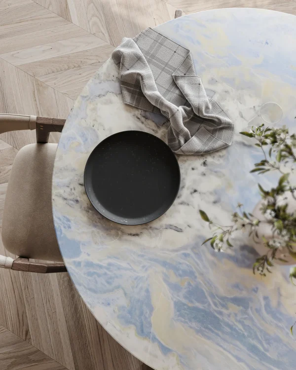 Polished 2 cm Azzurra marble slab with blue and ivory hues; ideal for custom countertops in West Palm Beach.