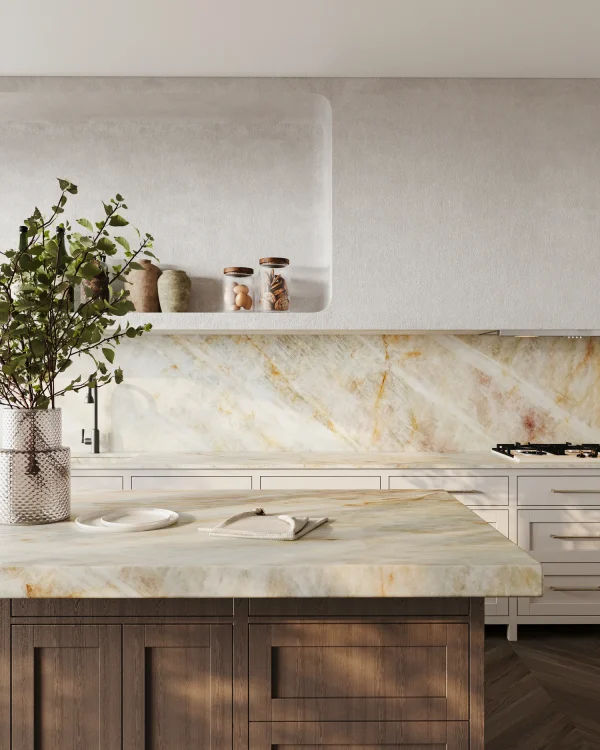 Polished 2 cm Cristallo Gold quartzite slab with gold and taupe veins; high-end kitchens in Fort Lauderdale.