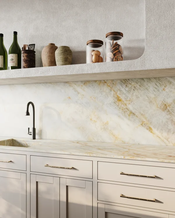 Polished 2 cm Cristallo Gold quartzite slab with gold and taupe veins; high-end kitchens in Fort Lauderdale.