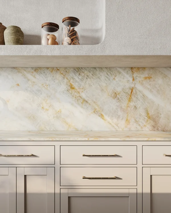 Polished 2 cm Cristallo Gold quartzite slab with gold and taupe veins; high-end kitchens in Fort Lauderdale.