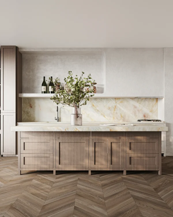 Polished 2 cm Cristallo Gold quartzite slab with gold and taupe veins; high-end kitchens in Fort Lauderdale.