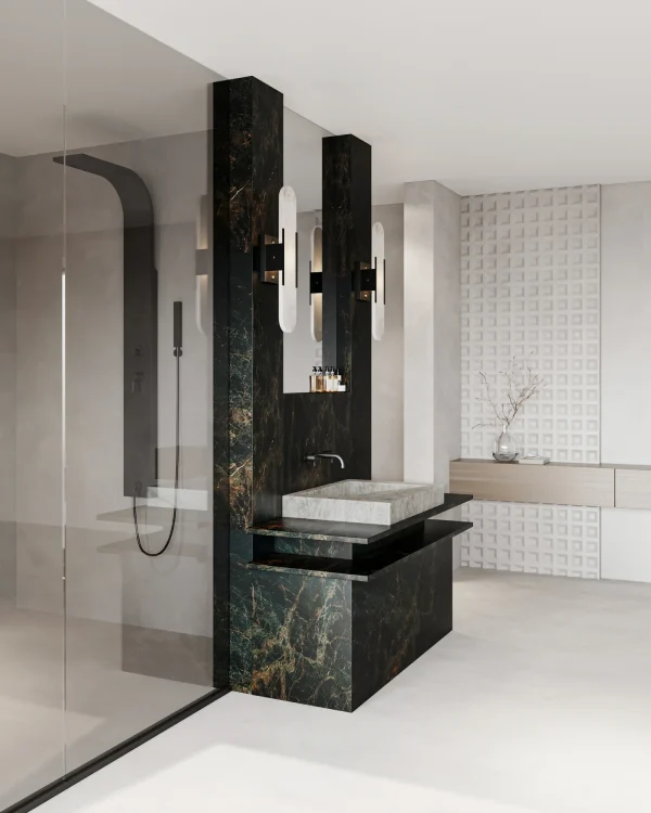 Leathered 3 cm Jatoba quartzite slab in deep brown and black; upscale bathrooms in Miami.