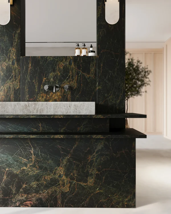 Leathered 3 cm Jatoba quartzite slab in deep brown and black; upscale bathrooms in Miami.