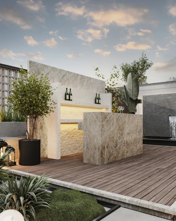 Leathered 2 cm Naica quartzite slab in gray and brown hues; for outdoor kitchens in Fort Lauderdale.