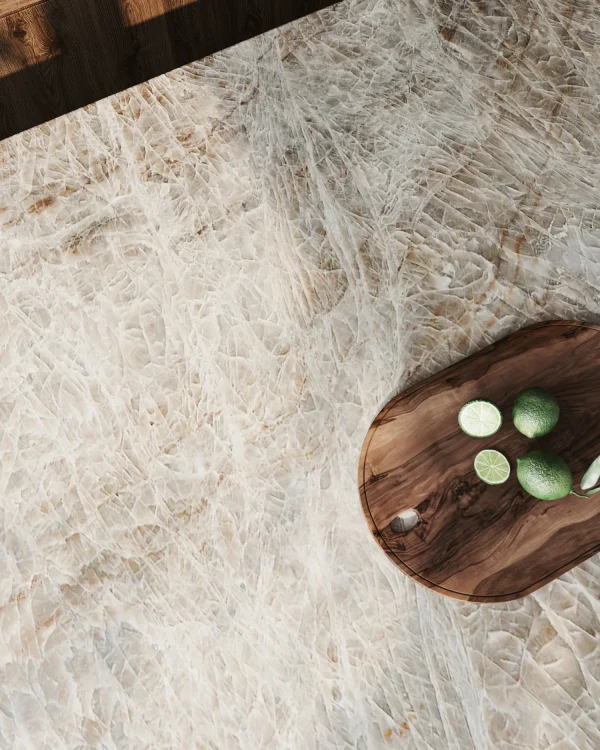 Leathered 2 cm Naica quartzite slab in dark gray and brown; refined choice for kitchens in Boca Raton.