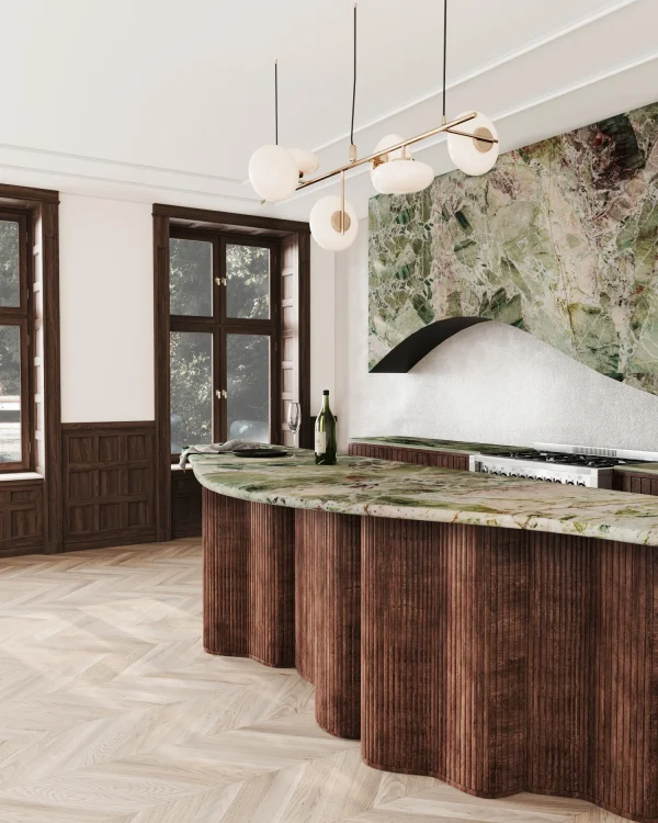 Polished 3 cm Natura quartzite slab in green and rusty hues; elegant for kitchens in Coral Gables.