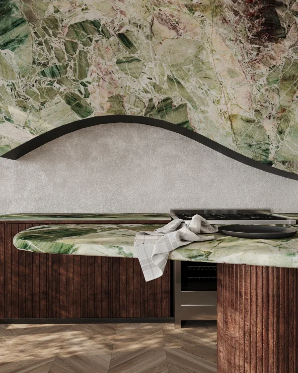 Polished 3 cm Natura quartzite slab in green and rusty hues; elegant for kitchens in Coral Gables.