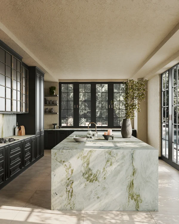 Leathered 2 cm Van Gogh quartzite slab blending green and taupe tones; artistic focal for kitchens in Coral Gables.