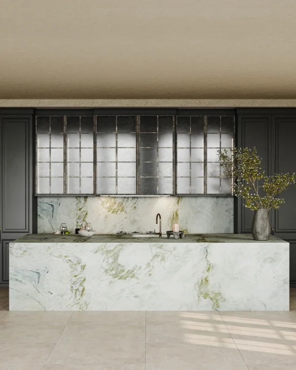 Leathered 2 cm Van Gogh quartzite slab blending green and taupe tones; artistic focal for kitchens in Coral Gables.