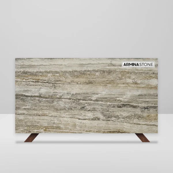 Honed filled silver travertine slab, 2 cm, with grey, beige and brown tones; suitable for luxury interiors in West Palm Beach.