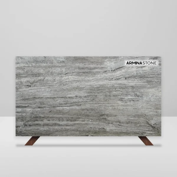 Honed filled smoke travertine slab, 2 cm, in brown and dark grey tones; elegant for bathrooms and interiors in Boca Raton.