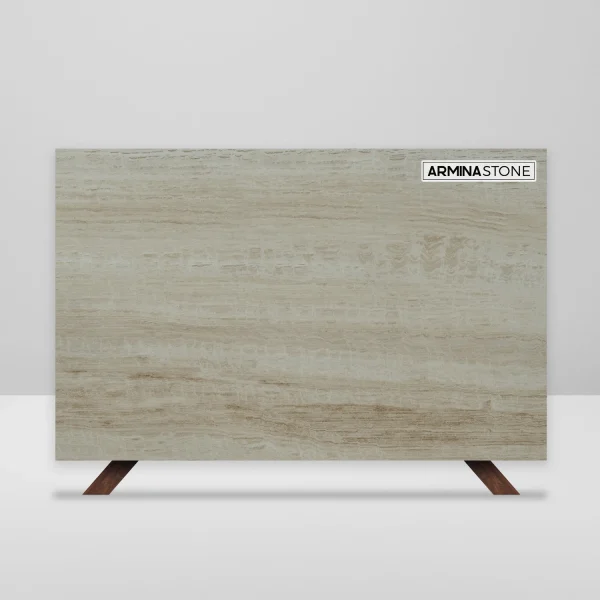 Honed filled Navona travertine slab, 2 cm, with taupe, beige and brown tones; suitable for luxury interiors in Boca Raton.