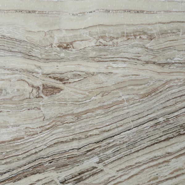 Polished 2 cm Traveronyx travertine slab in brown, grey, and beige hues; ideal for upscale kitchens and walls in Fort Lauderdale.