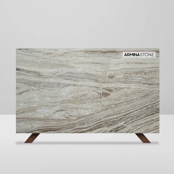 Polished 2 cm Traveronyx travertine slab in brown, grey, and beige hues; ideal for upscale kitchens and walls in Fort Lauderdale.
